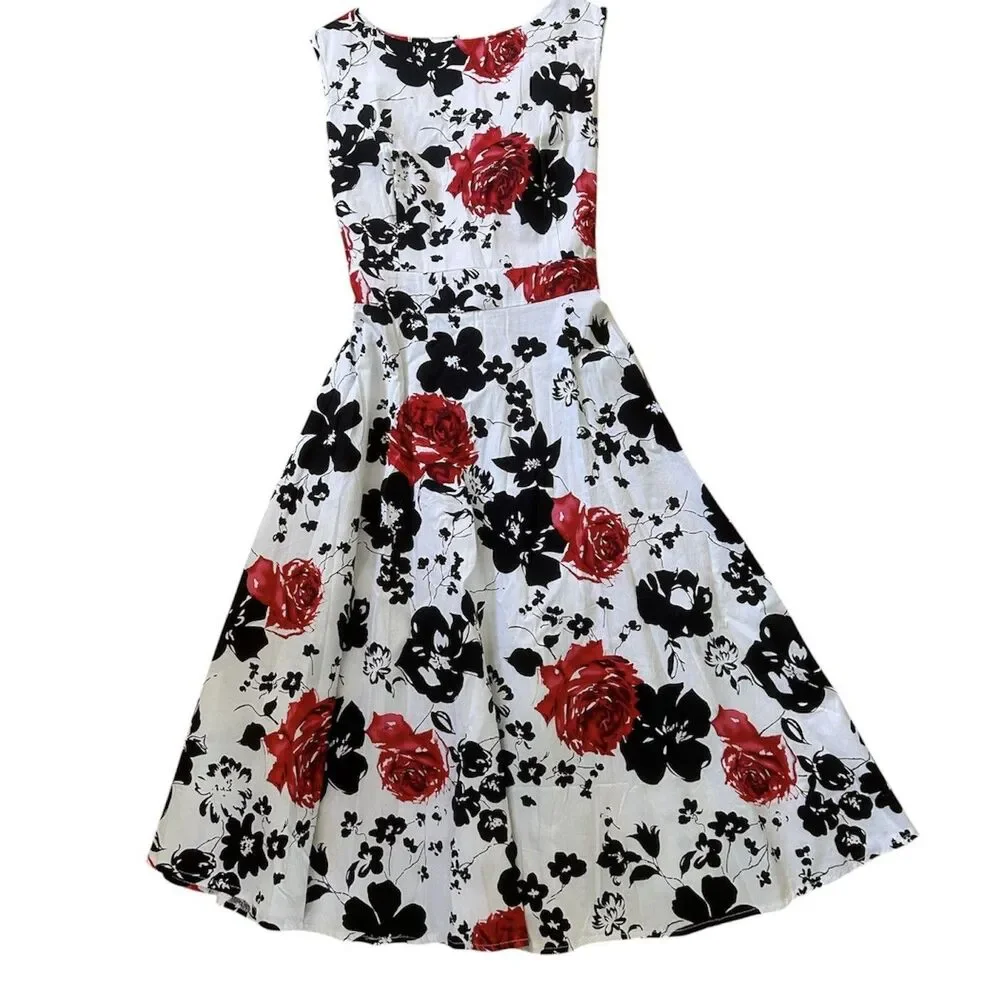 New Light Retro Floral A-Line Midi Dress White Red Black Rose Print Fit Flare XL